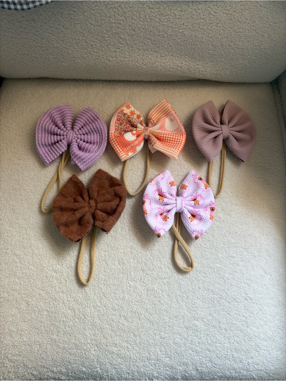 Girls Bow Elastic Hair Bands - Purple, Pink, Orange, Brown (5 Pack)